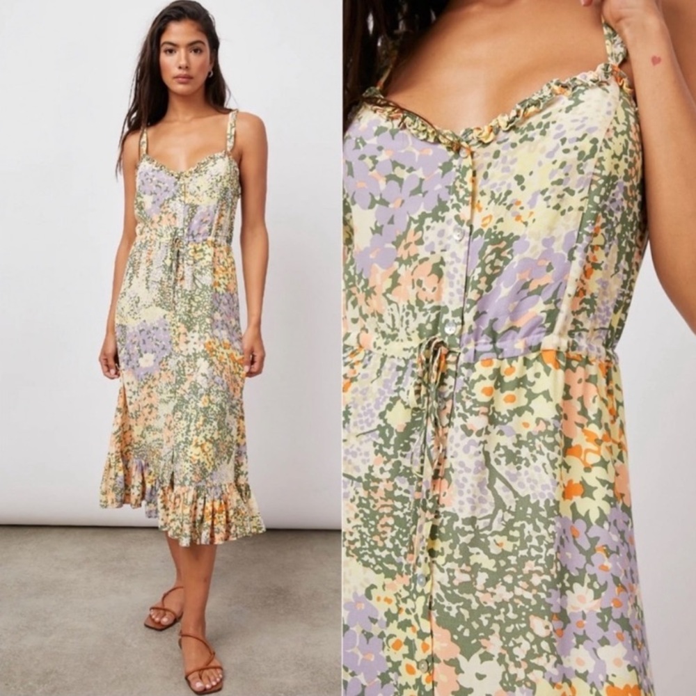 Rails Adalyn Midi Dress in Gardenia Floral Print Yellow Green Ruffle Bottom NWT